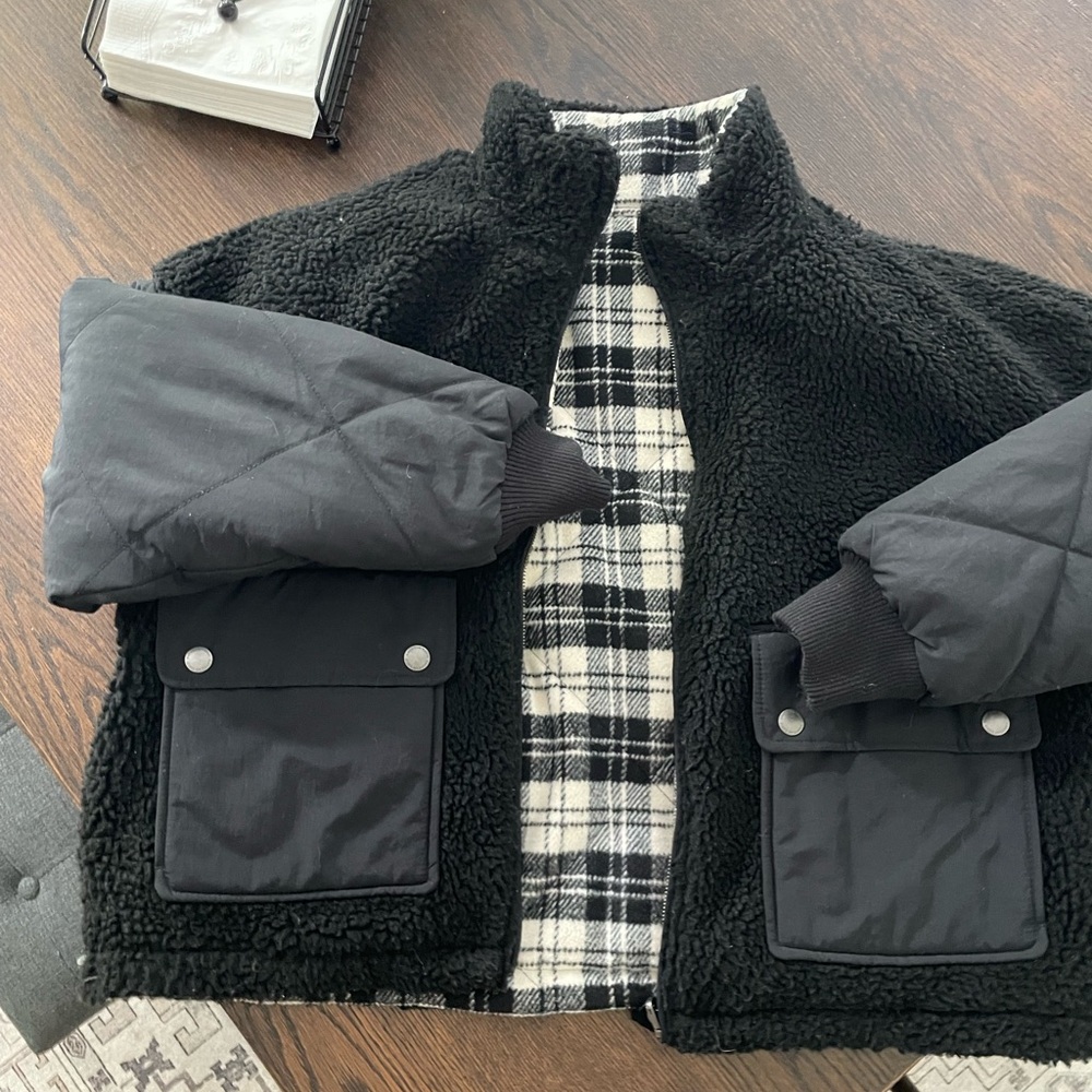 Women's Reversible Plaid and Black Sherpa Jacket